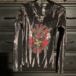 Affliction Live Fast Lace Shirt Cowgirl Gun & Roses L/S Grim Wash